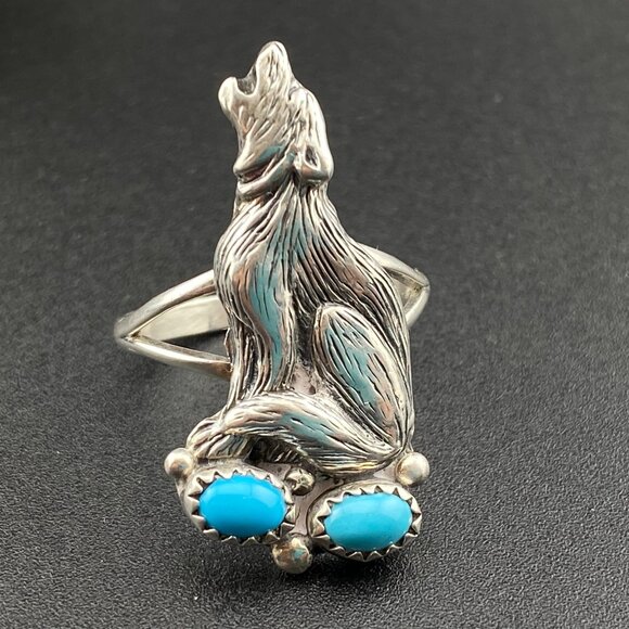RARE Vtg Running Bear Trading Gallop Turquoise Sterling Silver Wolf Ring Sz 9.5 - Picture 1 of 16